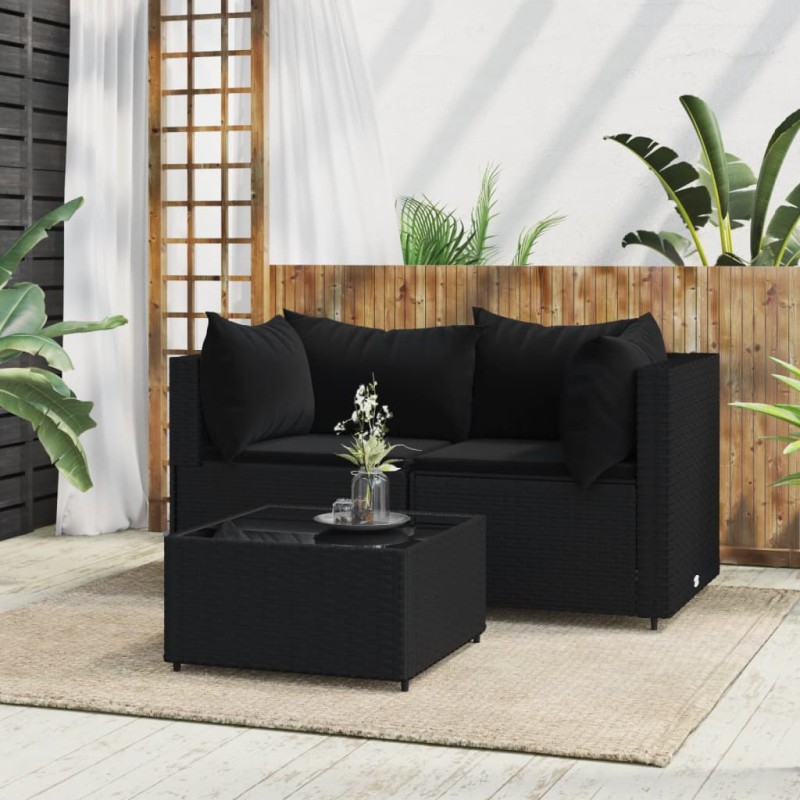 3 pcs conjunto lounge de jardim c/ almofadões vime PE preto-Sofás para exterior-Home Retail