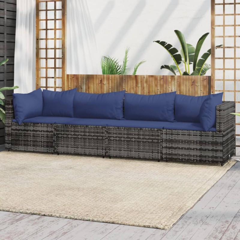 4 pcs conjunto lounge de jardim c/ almofadões vime PE cinzento-Sofás para exterior-Home Retail