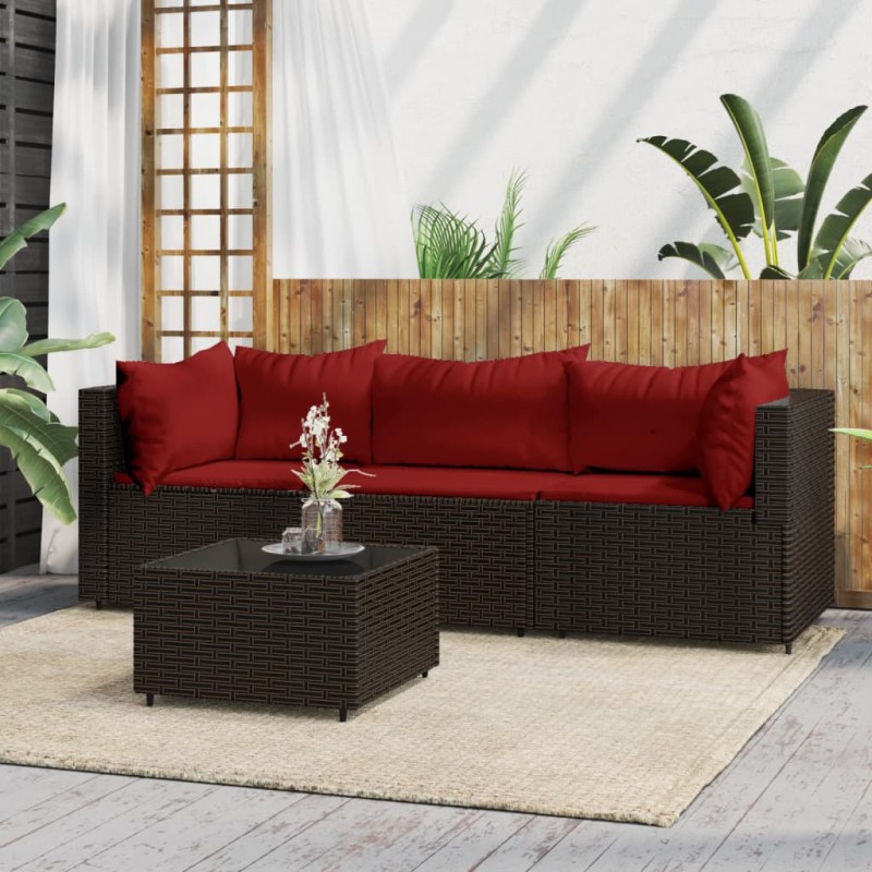 4 pcs conjunto lounge jardim c/ almofadões vime PE castanho-Sofás para exterior-Home Retail