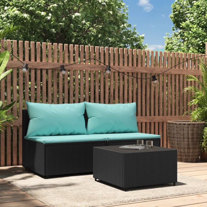 3 pcs conjunto lounge de jardim c/ almofadões vime PE preto-Sofás para exterior-Home Retail