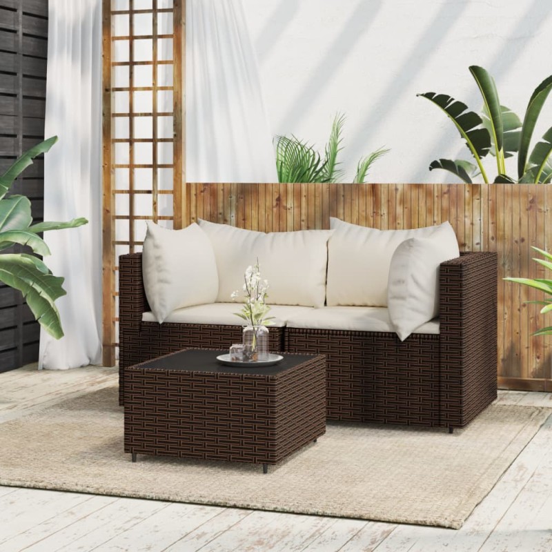 3 pcs conjunto lounge jardim c/ almofadões vime PE castanho-Sofás para exterior-Home Retail