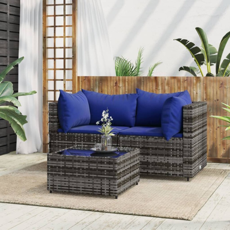 3 pcs conjunto lounge de jardim c/ almofadões vime PE cinzento-Sofás para exterior-Home Retail