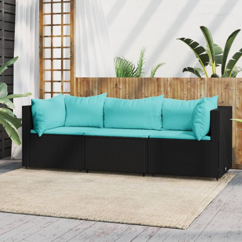 3 pcs conjunto lounge de jardim c/ almofadões vime PE preto-Sofás para exterior-Home Retail