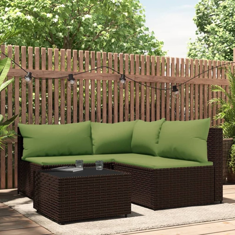 4 pcs conjunto lounge jardim c/ almofadões vime PE castanho-Sofás para exterior-Home Retail