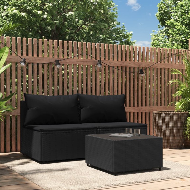 3 pcs conjunto lounge de jardim c/ almofadões vime PE preto-Sofás para exterior-Home Retail