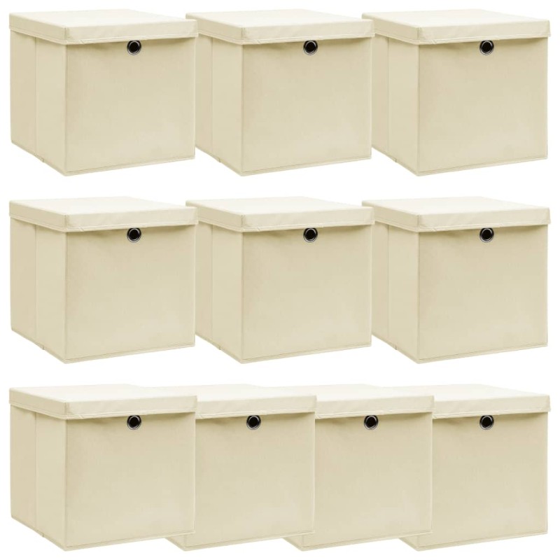 Caixas de arrumação com tampa 10 pcs 32x32x32 cm tecido creme-Cestos para complementos-Home Retail