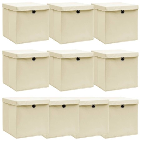 Caixas de arrumação com tampa 10 pcs 32x32x32 cm tecido creme