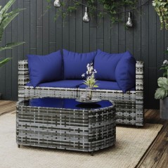 3 pcs conjunto lounge de jardim c/ almofadões vime PE cinzento