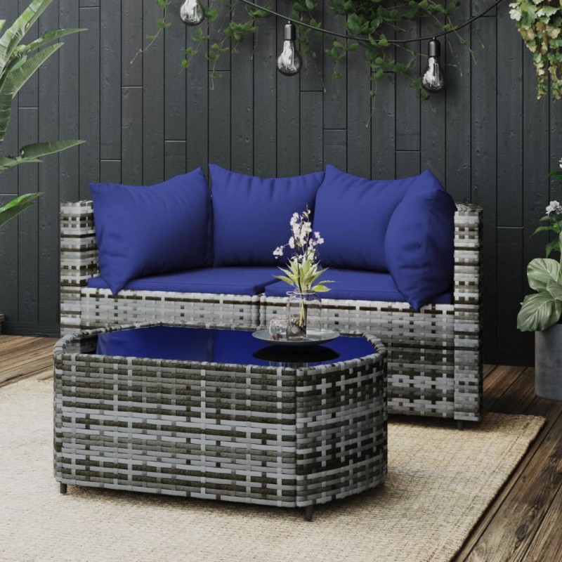 3 pcs conjunto lounge de jardim c/ almofadões vime PE cinzento-Sofás para exterior-Home Retail