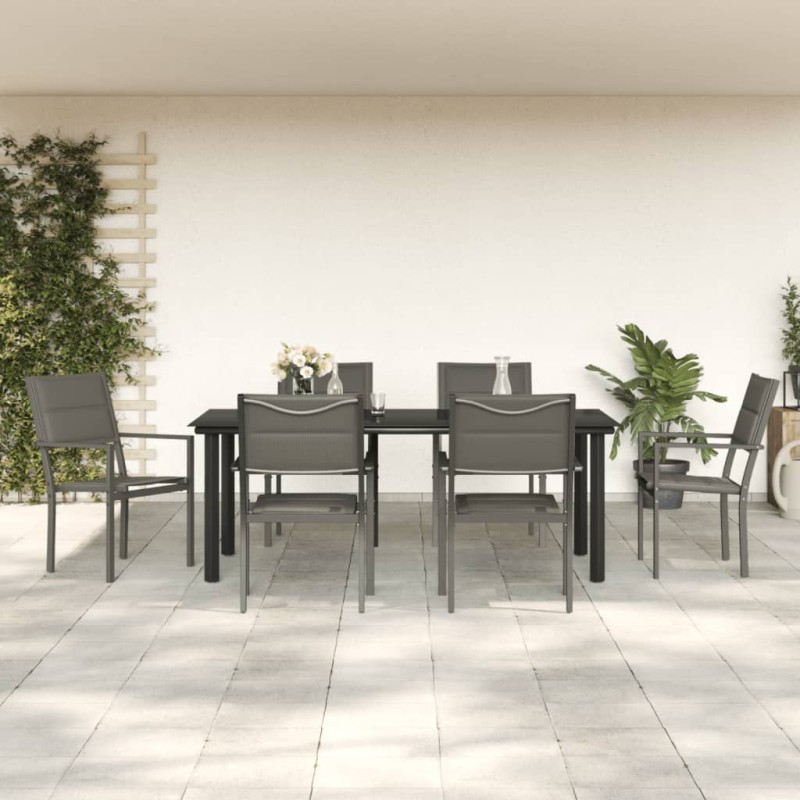 7 pcs conjunto de jantar para jardim aço e textilene preto-Conjuntos de jardim-Home Retail