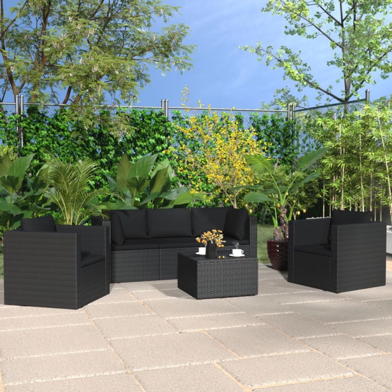 4 pcs conjunto lounge de jardim c/ almofadões vime PE preto-Conjuntos de jardim-Home Retail