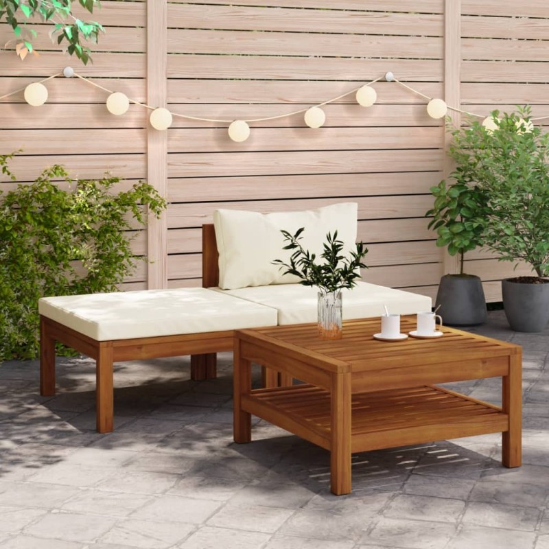 3 pcs conj. lounge de jardim c/ almofadões branco nata acácia-Unidades de sofá com módulos externos-Home Retail