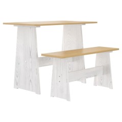 Mesa de jantar com banco REINE pinho maciço castanho mel/branco