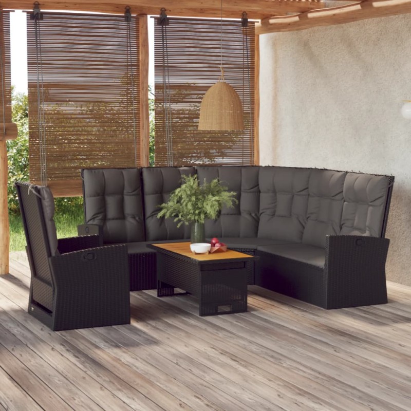 3 pcs conjunto lounge de jardim c/ almofadões vime PE preto-Conjuntos de jardim-Home Retail