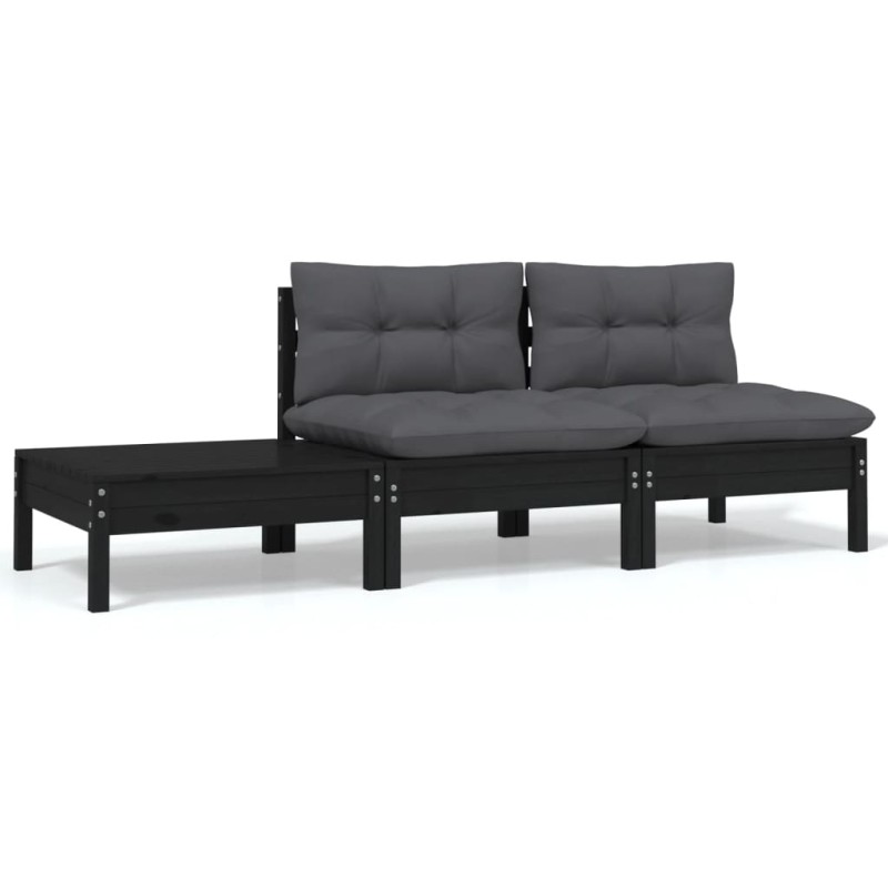 3 pcs conjunto lounge jardim c/ almofadões pinho maciço preto-Unidades de sofá com módulos externos-Home Retail