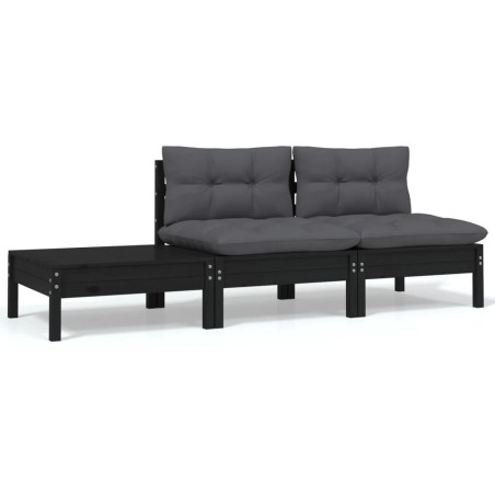 3 pcs conjunto lounge jardim c/ almofadões pinho maciço preto