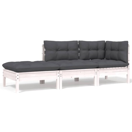 3 pcs conjunto lounge jardim c/ almofadões pinho maciço branco