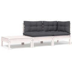 3 pcs conjunto lounge jardim c/ almofadões pinho maciço branco