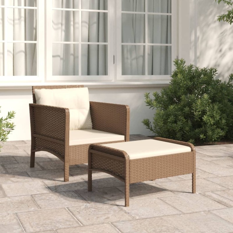 2 pcs conjunto lounge de jardim c/ almofadões vime PE castanho-Conjuntos de jardim-Home Retail