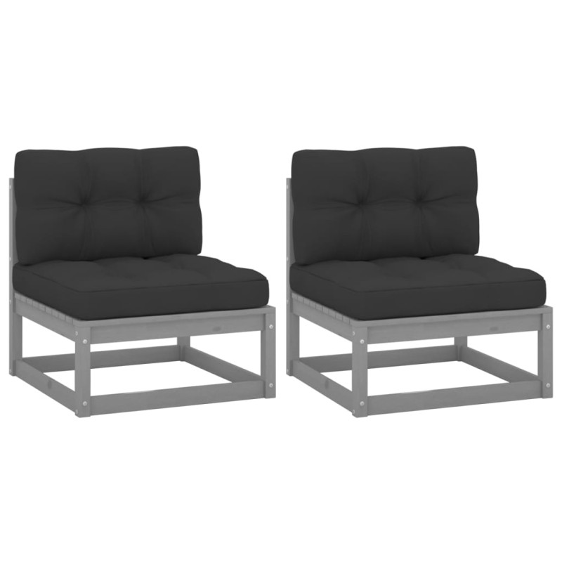 Sofás centro jardim c/ almofadões 2 pcs pinho maciço cinzento-Unidades de sofá com módulos externos-Home Retail