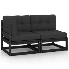 2 pcs conjunto lounge jardim c/ almofadões pinho maciço preto