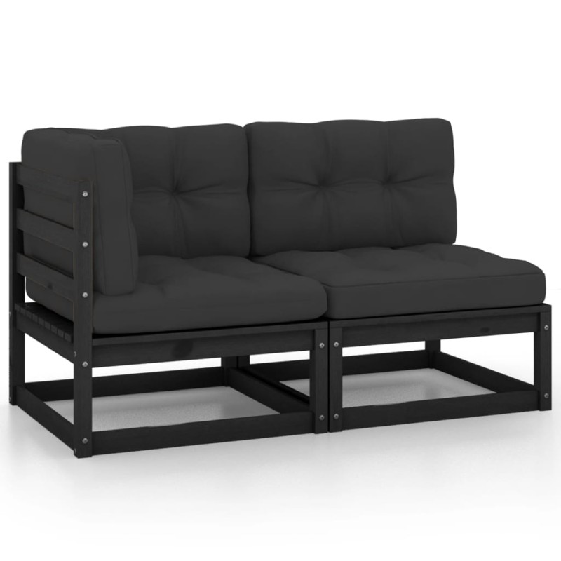 2 pcs conjunto lounge jardim c/ almofadões pinho maciço preto-Unidades de sofá com módulos externos-Home Retail