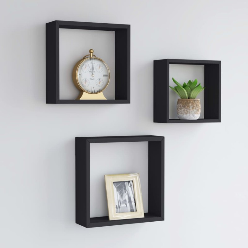 Prateleiras de parede em forma de cubo 3 pcs MDF preto-Prateleiras-Home Retail