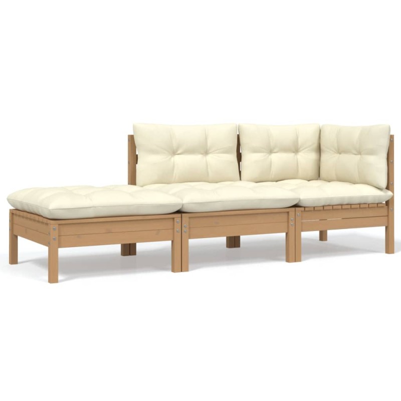 3 pcs conjunto lounge jardim c/ almofadões creme pinho maciço-Unidades de sofá com módulos externos-Home Retail