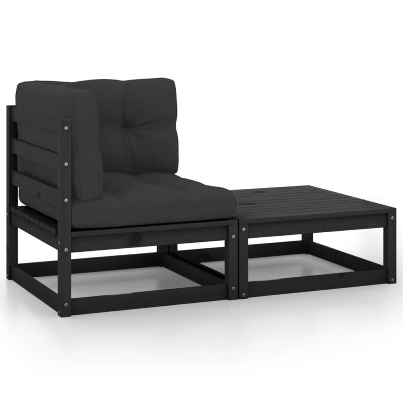 2 pcs conjunto lounge jardim c/ almofadões pinho maciço preto-Unidades de sofá com módulos externos-Home Retail