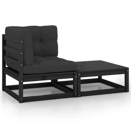 2 pcs conjunto lounge jardim c/ almofadões pinho maciço preto