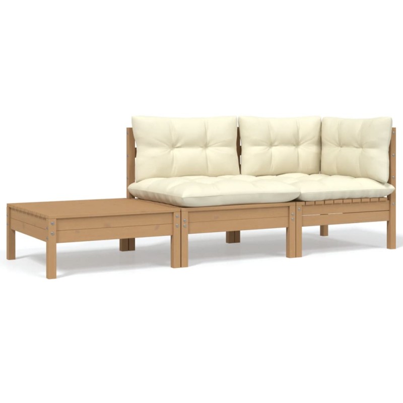 3 pcs conjunto lounge jardim c/ almofadões creme pinho maciço-Unidades de sofá com módulos externos-Home Retail