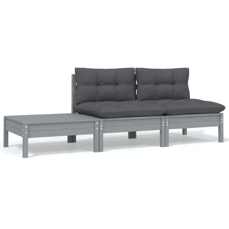 3 pcs conj. lounge jardim c/ almofadões pinho maciço cinzento-Unidades de sofá com módulos externos-Home Retail