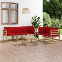 6 pcs conjunto lounge de jardim c/ almofadões vermelhos