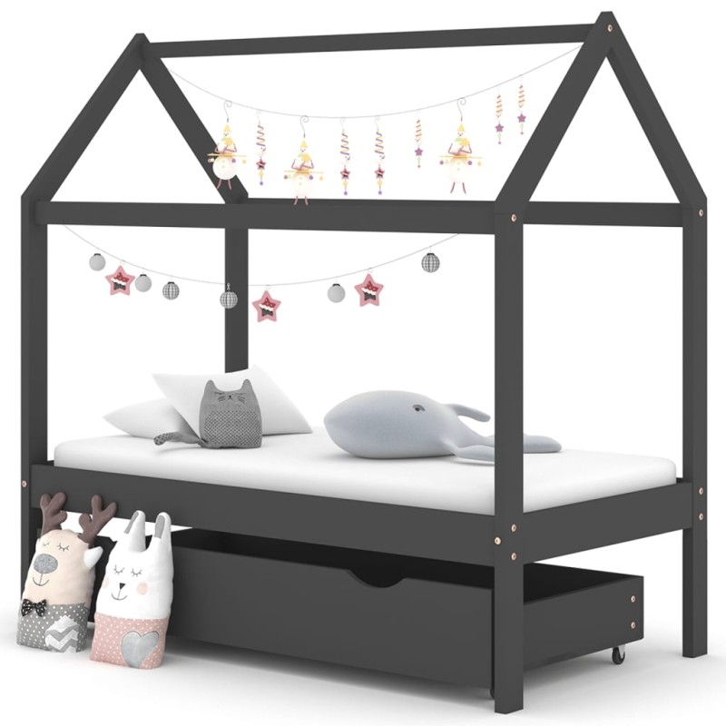 Cama p/ crianças c/ gaveta 70x140 cm pinho maciço cinza-escuro-Berços e camas infantis-Home Retail