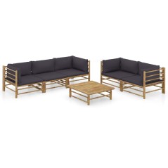 6 pcs conj. lounge jardim em bambu c/ almofadões cinza-escuro