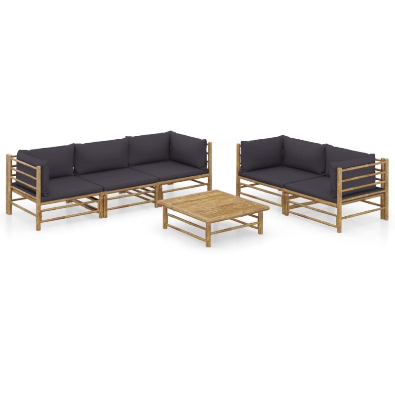 6 pcs conj. lounge jardim em bambu c/ almofadões cinza-escuro-Conjuntos de jardim-Home Retail