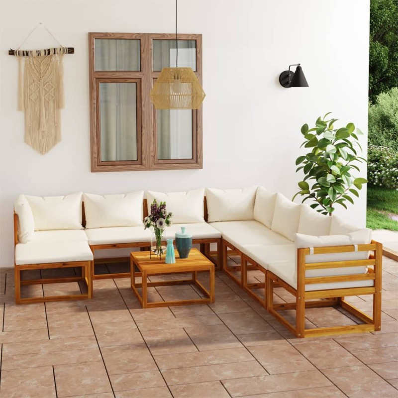 9 pcs conjunto lounge jardim c/ almofadões acácia maciça creme-Conjuntos de jardim-Home Retail