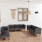 9 pcs conjunto lounge de jardim c/ almofadões vime PE cinzento