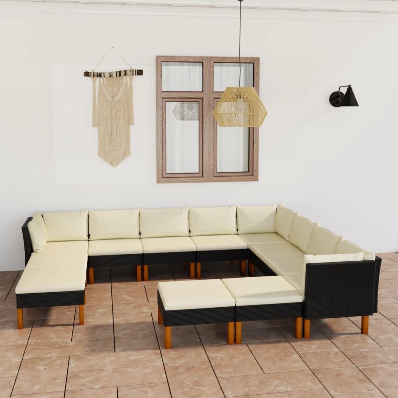 12 pcs conjunto lounge de jardim c/ almofadões vime PE preto-Conjuntos de jardim-Home Retail