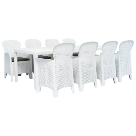 Conj. jantar p/ exterior 9 pcs plástico branco aspeto de vime