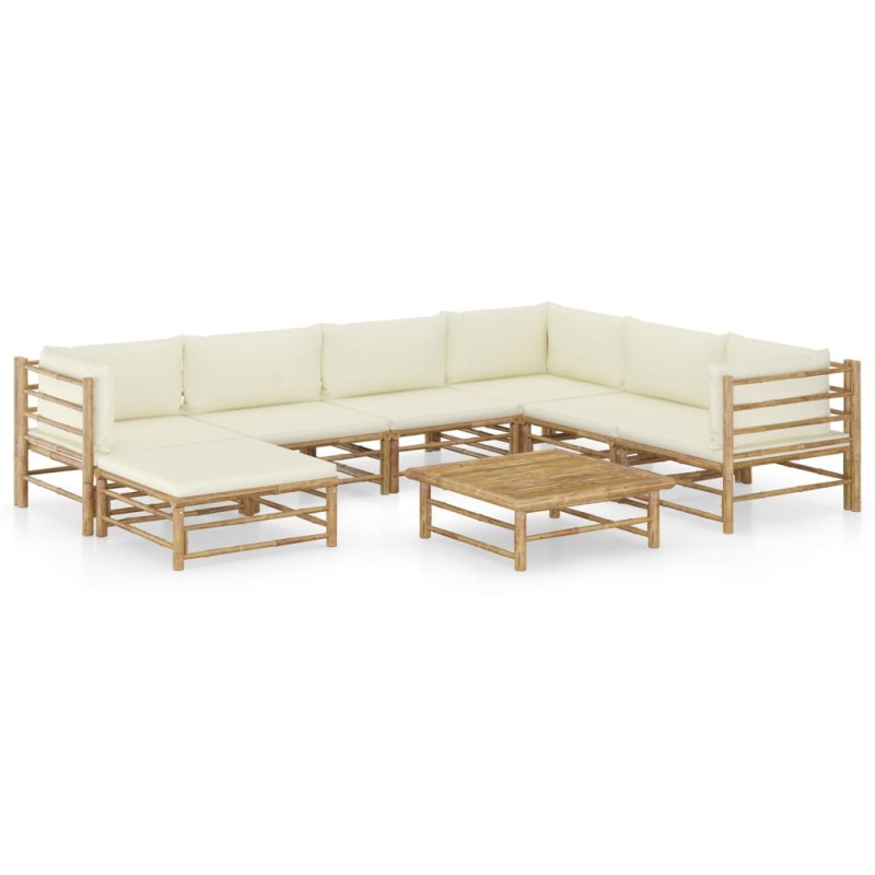 8 pcs conj. lounge p/ jardim em bambu c/ almofadões branco nata-Conjuntos de jardim-Home Retail