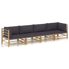 4 pcs conj. lounge jardim em bambu c/ almofadões cinza-escuro