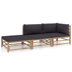 3 pcs conj. lounge jardim em bambu c/ almofadões cinza-escuro