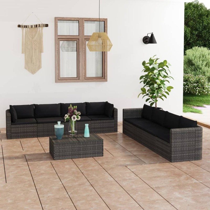 9 pcs conjunto lounge de jardim c/ almofadões vime PE cinzento-Conjuntos de jardim-Home Retail