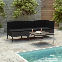 3 pcs conjunto lounge para jardim c/ almofadões vime PE preto