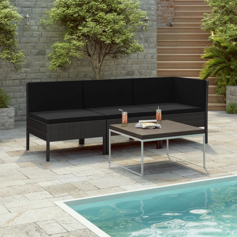 3 pcs conjunto lounge para jardim c/ almofadões vime PE preto-Conjuntos de jardim-Home Retail