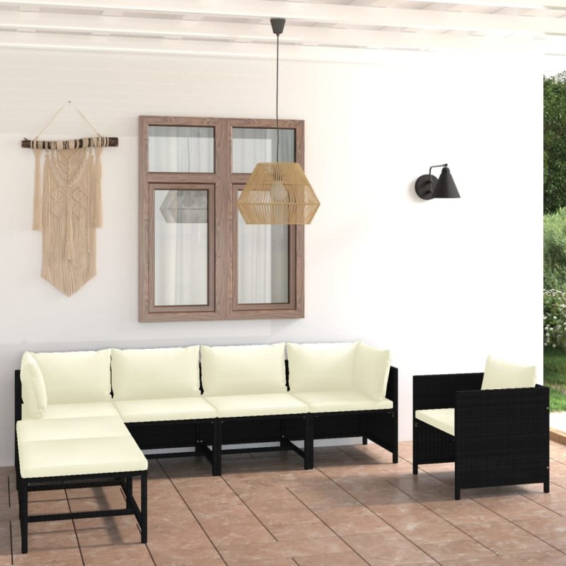 7 pcs conjunto lounge de jardim c/ almofadões vime PE preto-Conjuntos de jardim-Home Retail