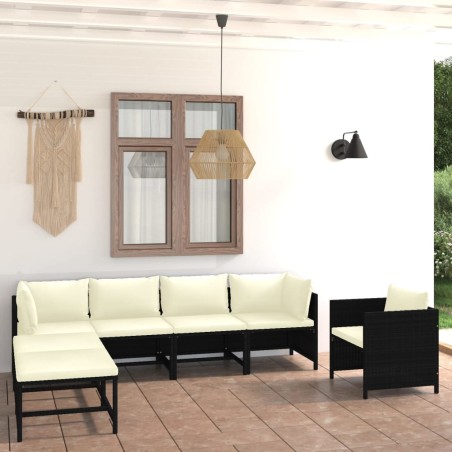 7 pcs conjunto lounge de jardim c/ almofadões vime PE preto