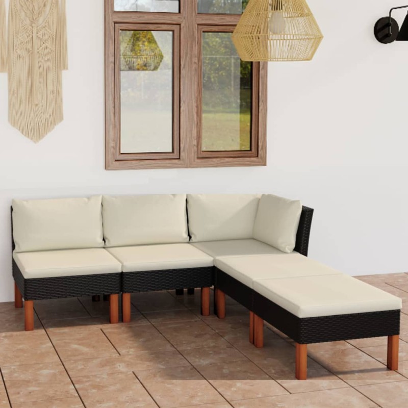 5 pcs conjunto lounge de jardim c/ almofadões vime PE preto-Conjuntos de jardim-Home Retail