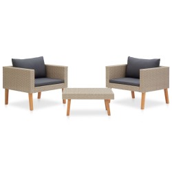 3 pcs conjunto lounge de jardim c/ almofadões vime PE bege